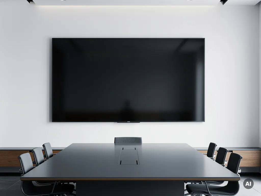 Groot 90-inch scherm aan witte vergaderzaalwand boven een antraciet tafel, minimalistisch interieur met houten accenten.