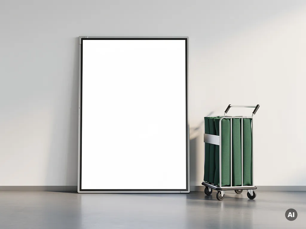 90-inch touchscreen display rechtopstaand in moderne gang, naast een bezorgwagen met beschermende bekleding.