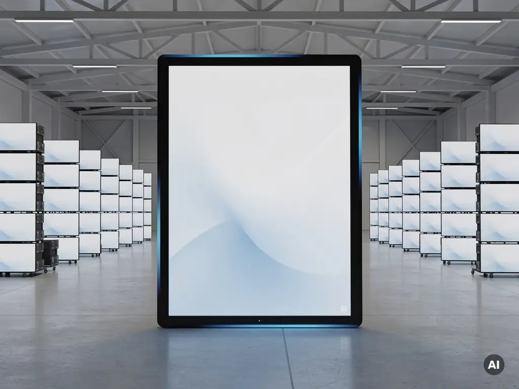 Grote 90-inch interactief touchscreen rechtopstaand in minimalistische evenementenhal, omringd door gestapelde identieke schermen klaar voor gebruik.