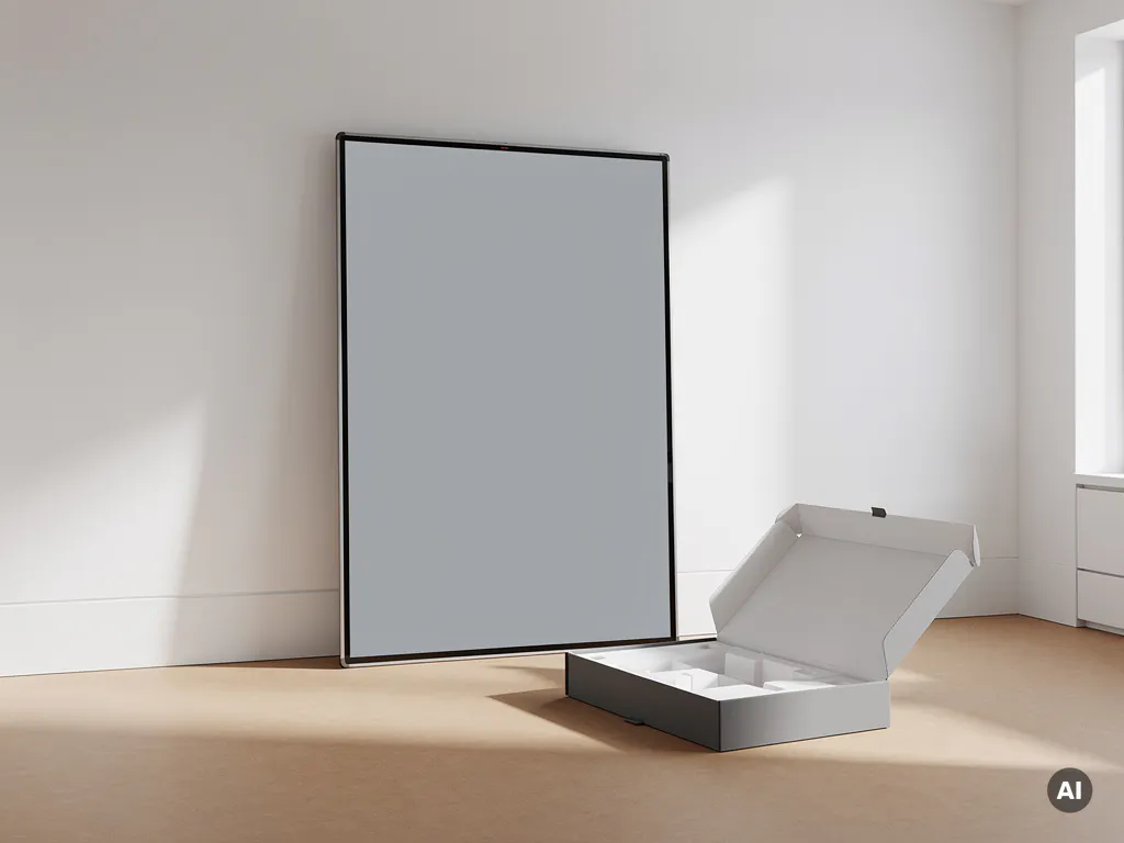 90-inch touchscreen display rechtopstaand in een minimalistisch vergaderruimte naast een geopende leveringsdoos, natuurlijk licht.
