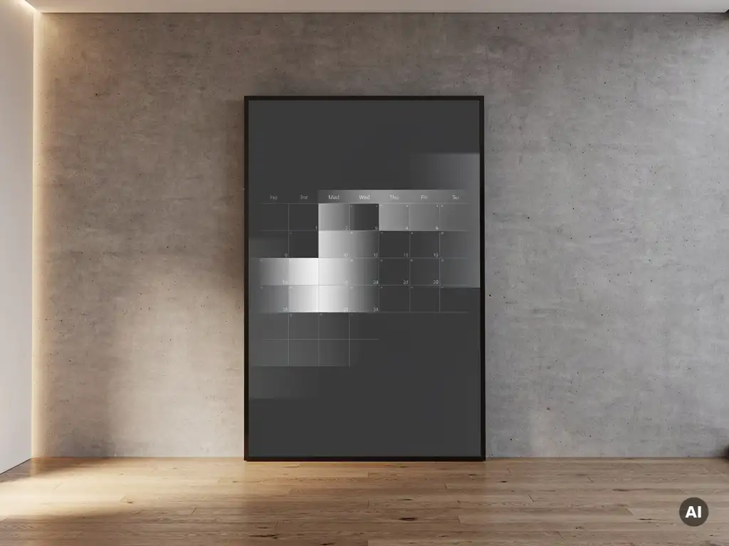 Groot 90-inch touchscreen in minimalistisch vergaderruimte met donker schermoppervlak, betonnen wanden en warm eikenhouten vloer.
