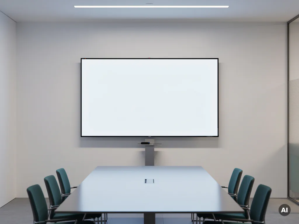 90-inch touchscreen display in een minimalistisch vergaderzaaltje met strak bureau, witte muren en gedempte tealtinten.