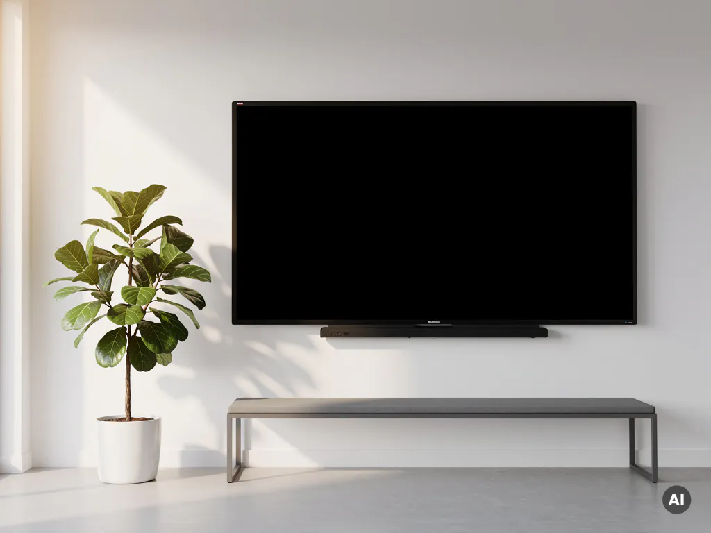 90-inch touchscreen display aan witte muur in minimalistisch vergaderruimte, met groen potplant ernaast en warm natuurlijk licht.