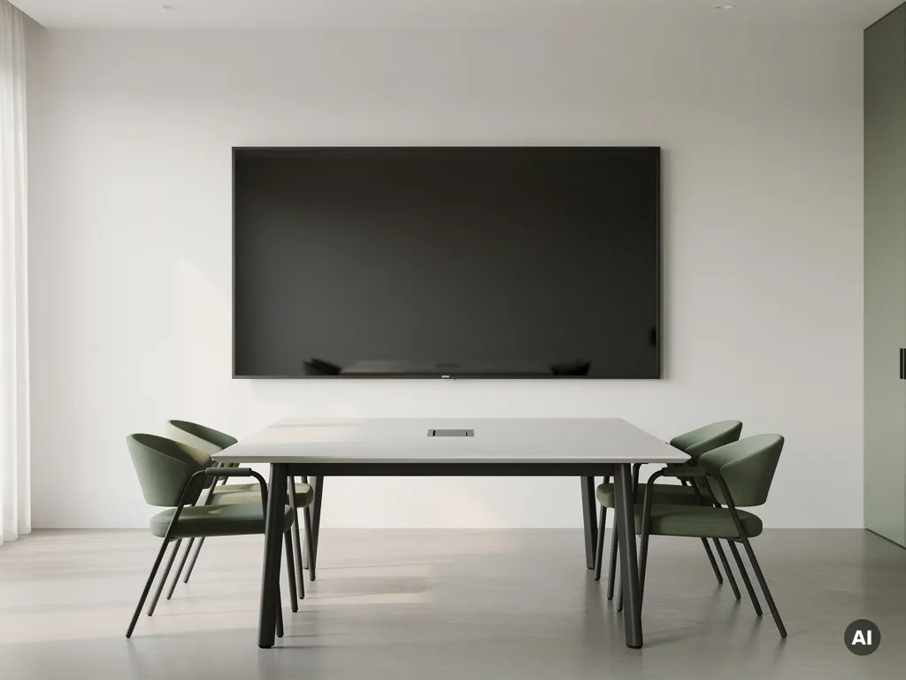 Groot 90-inch touchscreen display aan witte muur in moderne vergaderruimte met saliegroen en houtskool accenten.