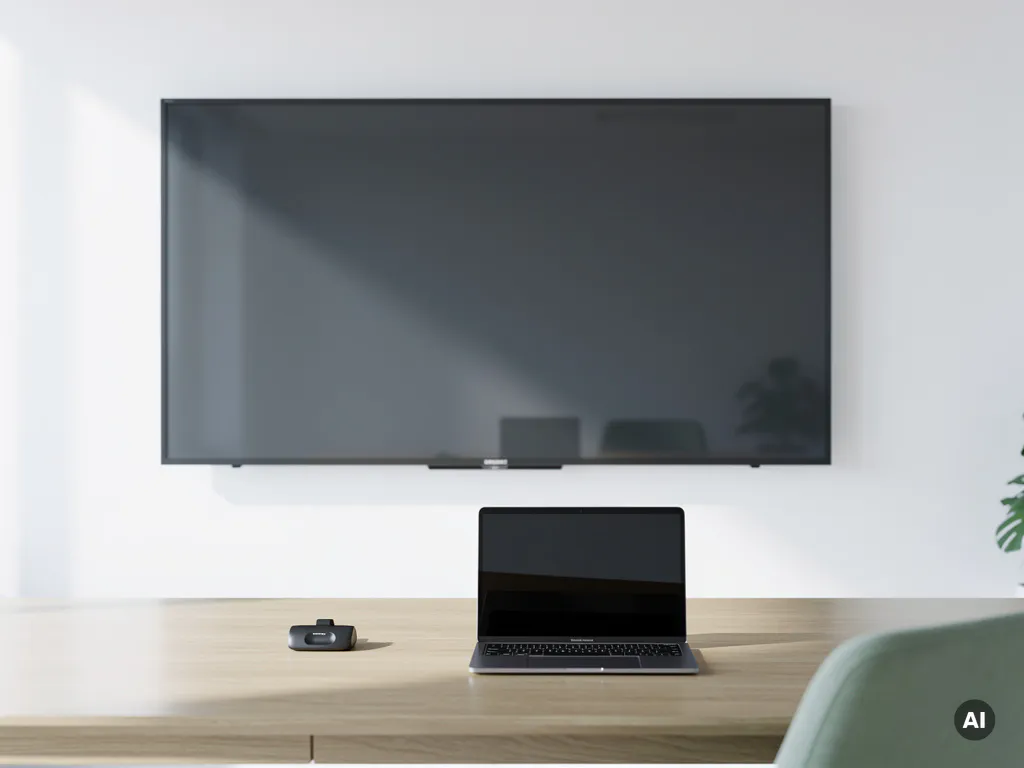 90-inch interactief touchscreen in een strakke vergaderruimte, met een laptop en draadloze microfoon op een eikenhouten tafel.