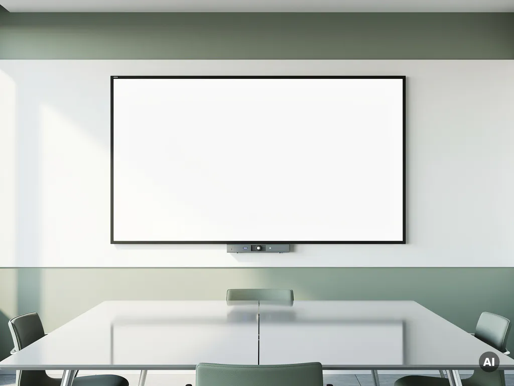 90-inch touchscreen display aan witte vergaderzaal muur, minimalistische tafel met zacht licht, rustgevende daglichtsfeer.