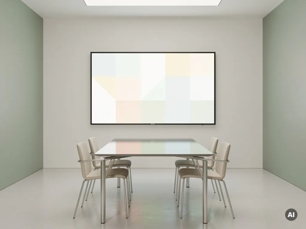 Groot 90-inch interactief touchscreen aan witte muur in minimalistisch vergaderruimte met saliegroen en borstels staalaccenten.