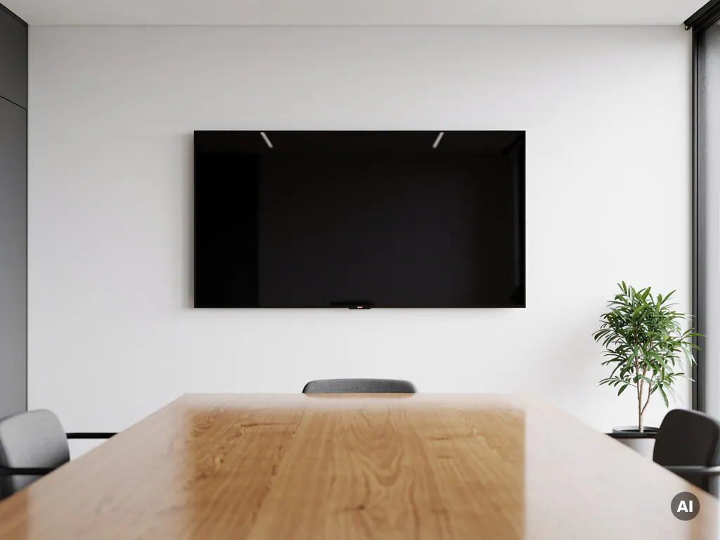 90-inch touchscreen display aan witte vergaderruimtemuur, eiken tafel op de voorgrond, minimalistische inrichting met groene plant.