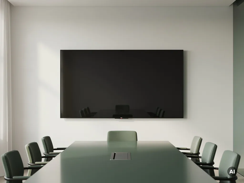 90-inch touchscreen display aan witte muur in minimalistisch vergaderruimte met saliegroen en houtskool accenten.