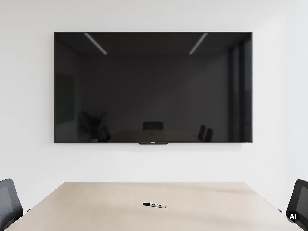 Groot 90-inch touchscreen op witte muur in minimalistische vergaderruimte, met een marker op een houten tafel eronder.