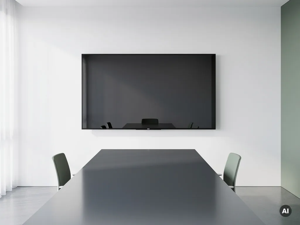 90-inch touchscreen display aan witte muur in moderne vergaderruimte, weerspiegeling van conferentietafel in donker glas.