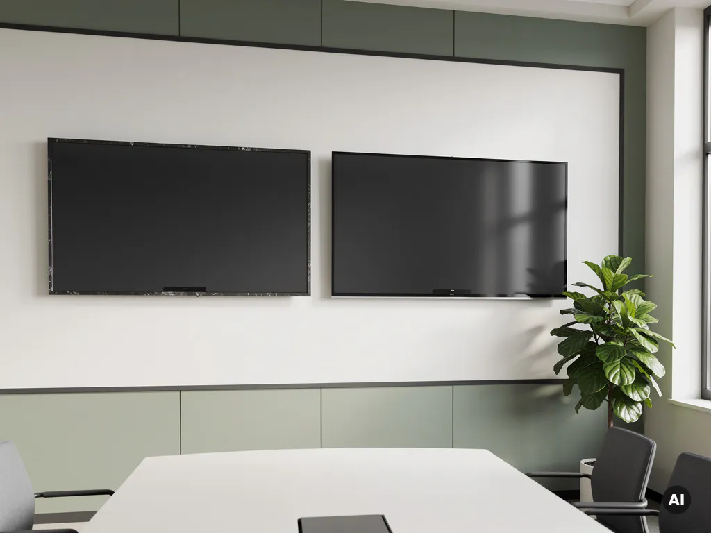 Gerefurbisht 90-inch touchscreen naast nieuw model aan witte vergaderzaalwand, met salie groene accenten en natuurlijk zijlicht.