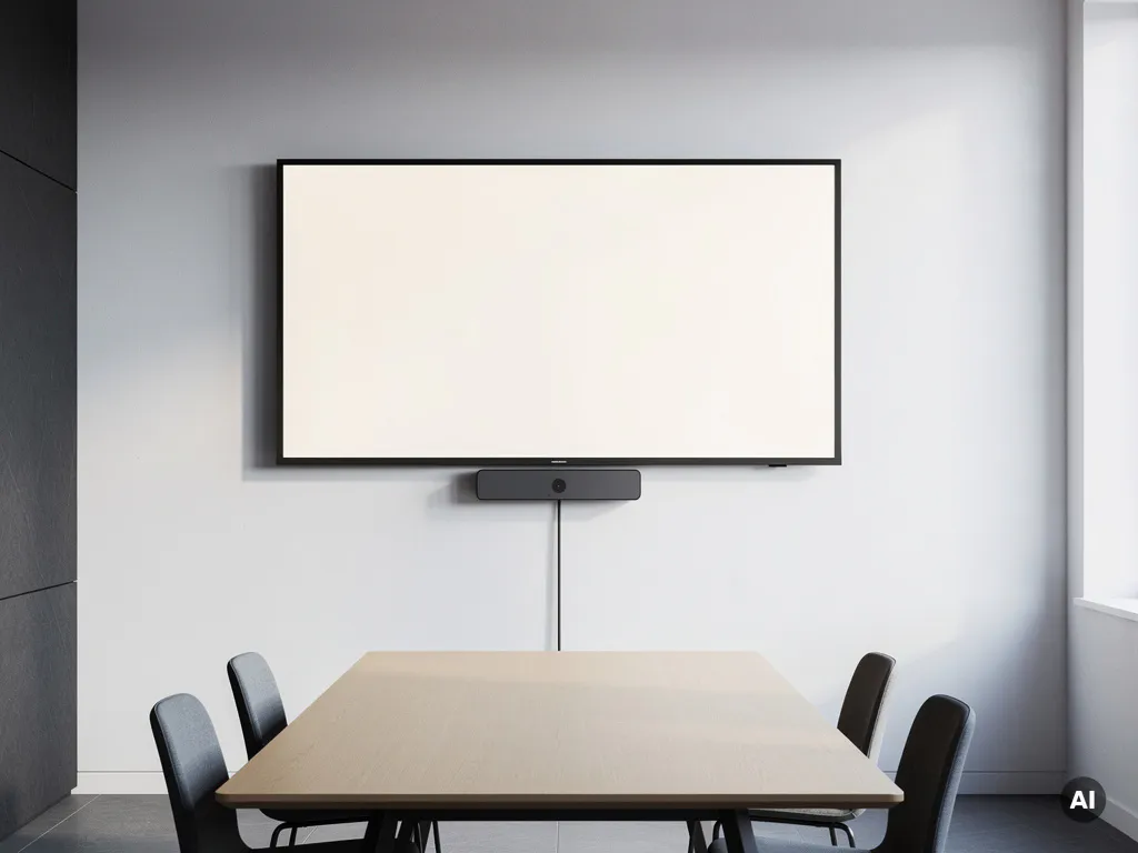 90-inch touchscreen display aan witte vergaderruimtemuur, verbonden via slanke kabel met compacte pc, Scandinavische tafel op voorgrond.
