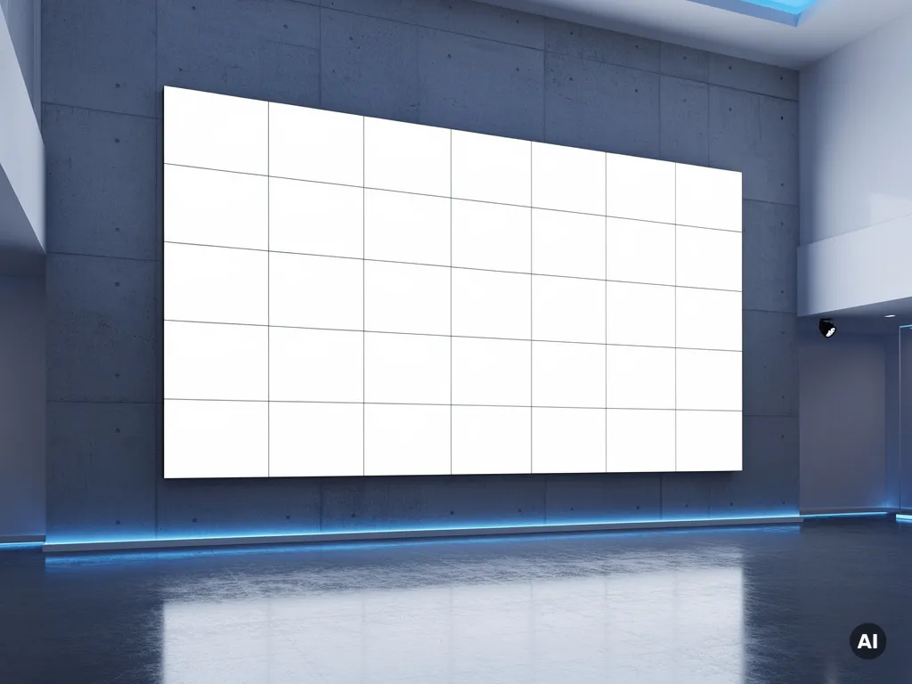 Groot videowall van naadloos aanééngeschakelde displays met helder wit licht in een moderne, minimalistische evenementenhal.