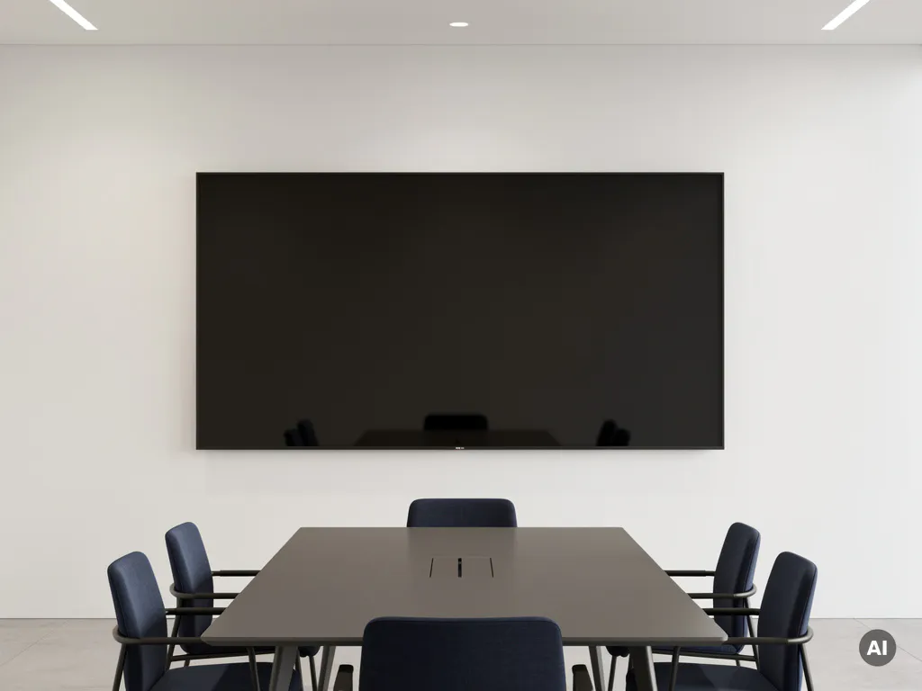90-inch videowall in een minimalistische vergaderruimte met witte muren, vergadertafel weerspiegeld in het donkere scherm.