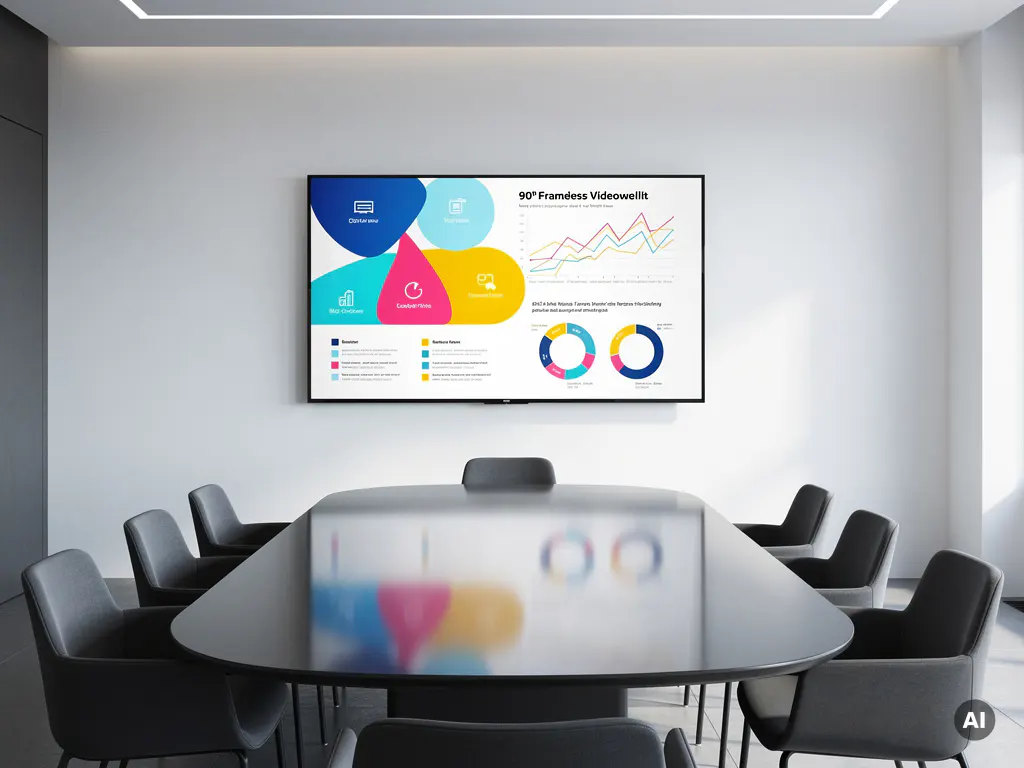 90-inch videowall met presentatieslides in een moderne vergaderruimte met ovale tafel, witte wanden en minimalistische inrichting.
