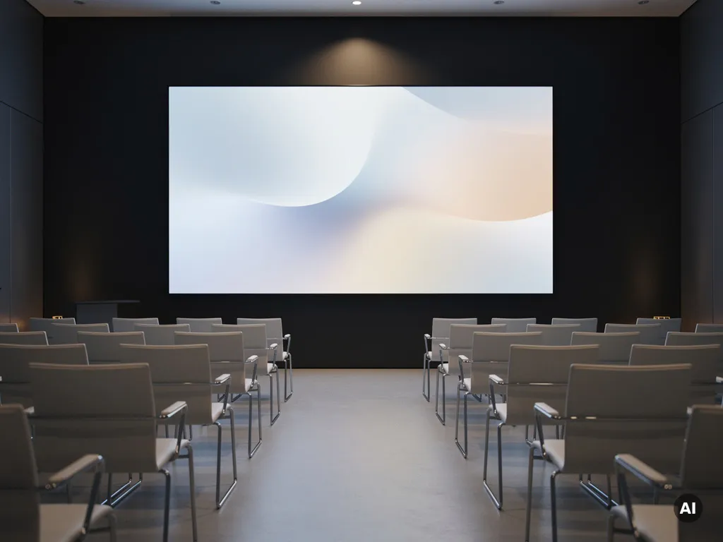 90-inch videowall verlicht door amberspot in donkere vergaderzaal met symmetrische rijen moderne stoelen.