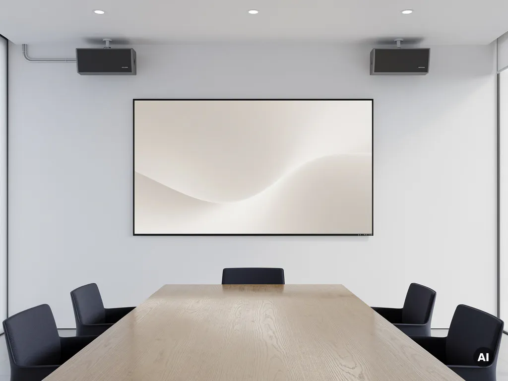 90-inch interactief scherm in minimalistische vergaderruimte met eiken tafel, symmetrische plafondluidsprekers en zachte diffuse verlichting.