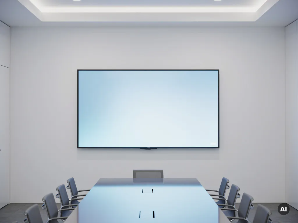 90-inch interactief display aan witte muur in minimalistisch vergaderruimte, met blauw schermgloed weerspiegeld op conferentietafel.
