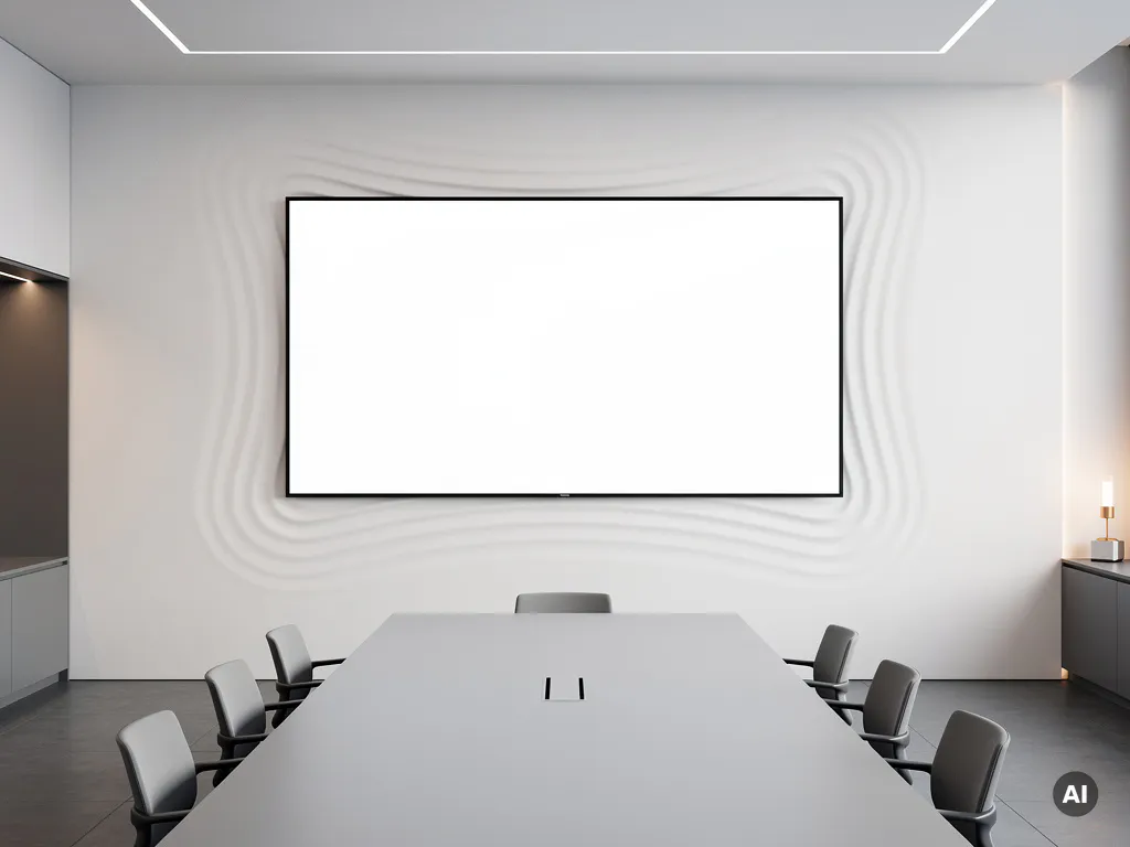 Groot 90-inch interactief touchscreen aan witte muur in moderne vergaderruimte met lege conferentietafel en minimalistische inrichting.