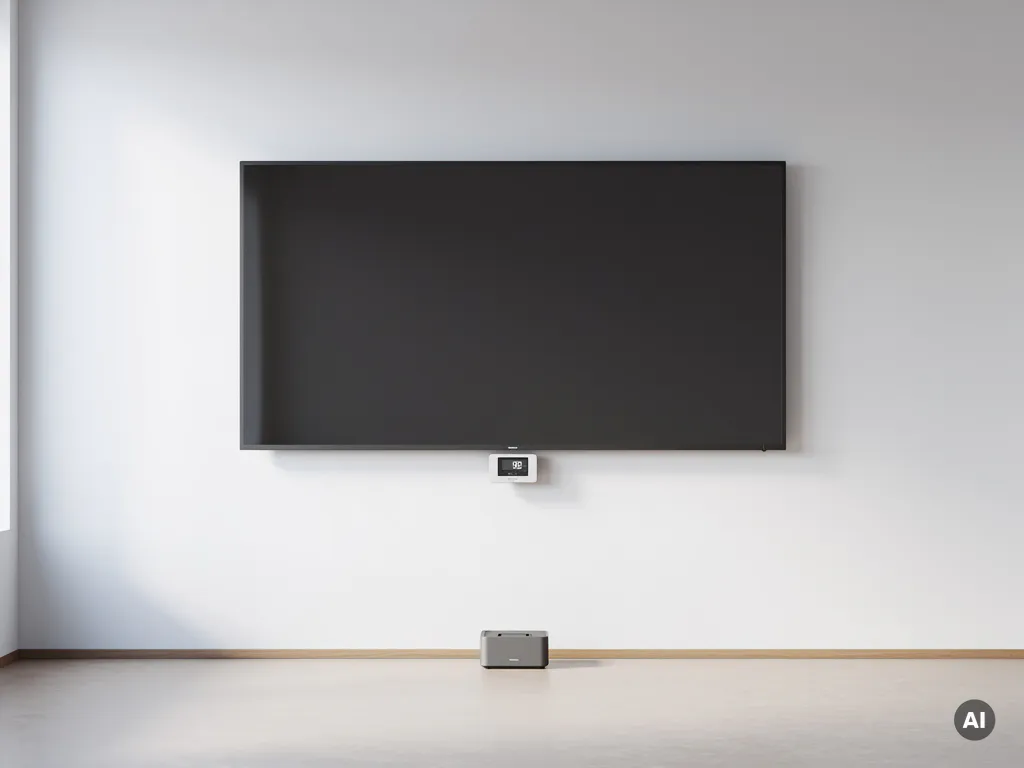 Groot interactief 90-inch display aan witte muur in moderne vergaderruimte, met klein energiemeter apparaat op de vloer eronder.