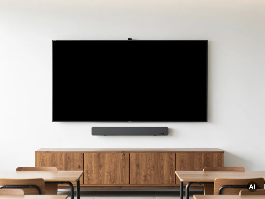 90-inch interactief display aan witte muur in minimalistisch klaslokaal, met slanke soundbar op houten oppervlak eronder.