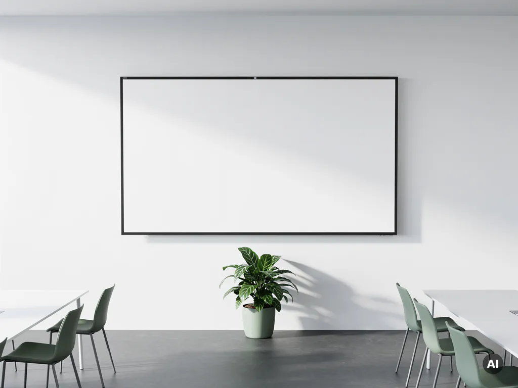 90-inch interactief scherm op witte muur in minimalistisch vergaderruimte, met groen potplant aan de voet.