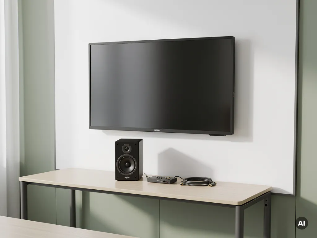 Gerefurbisht interactief display aan witte muur in moderne vergaderruimte, met speaker en audiokabel op bureau eronder.
