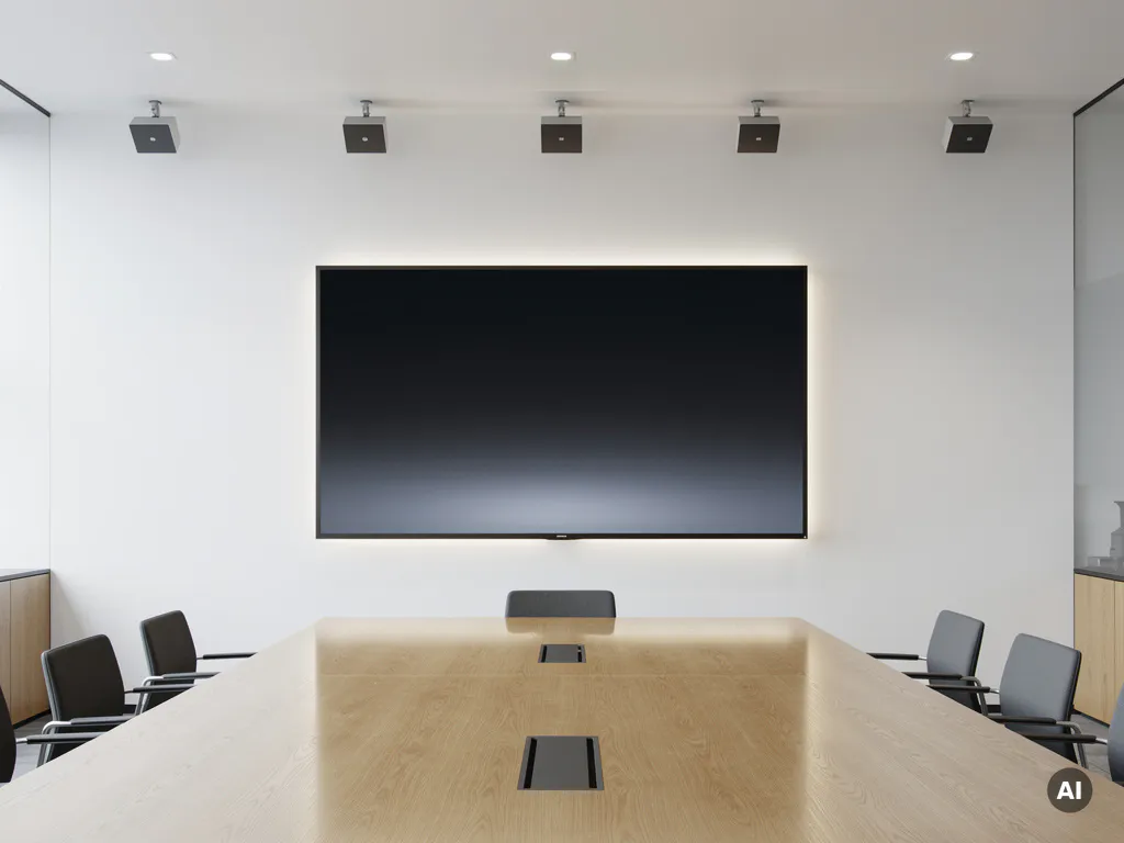 90-inch interactief display aan witte muur in moderne vergaderruimte met eikenhouten tafel en plafondluidsprekers.