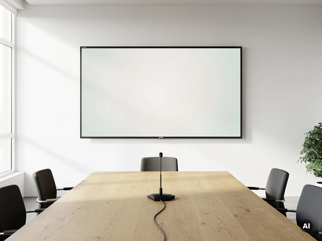 Groot interactief 90-inch scherm aan witte muur in moderne vergaderruimte met eiken tafel en conferentiemicrofoon.