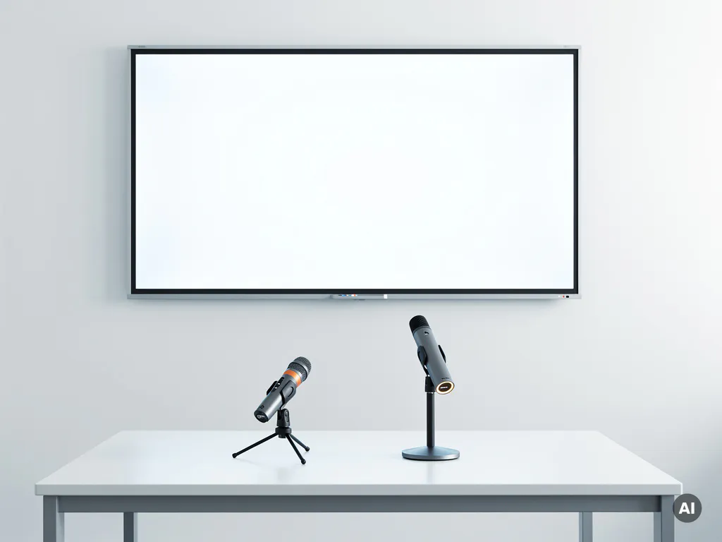 Professioneel interactief schoolbord aan witte muur met twee microfoons op minimalistisch bureau, strak en doelgericht ingericht.