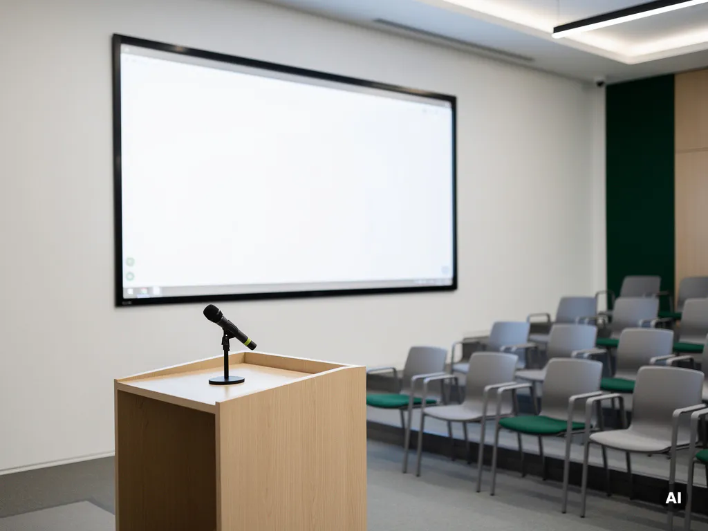 Groot interactief touchscreen van 90 inch aan witte muur in moderne collegezaal, met houten lessenaar en draadloze microfoon op de voorgrond.