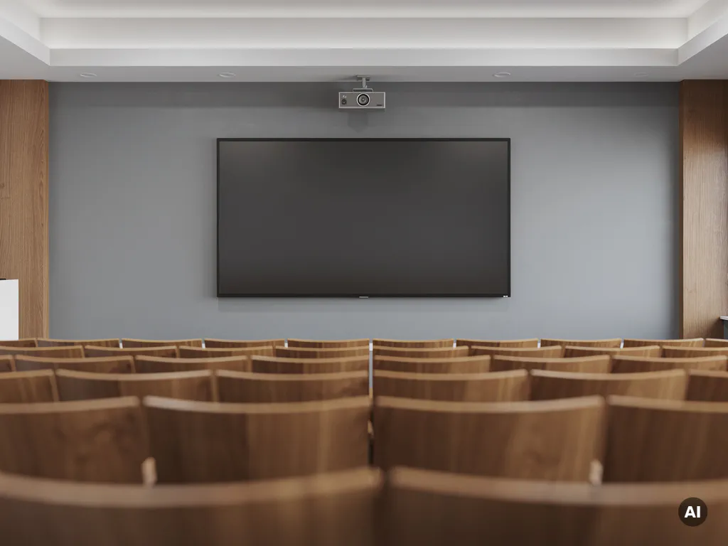 90-inch interactief touchscreen aan de muur van een lege collegezaal met gebogen houten stoelrijen en gedempte verlichting.