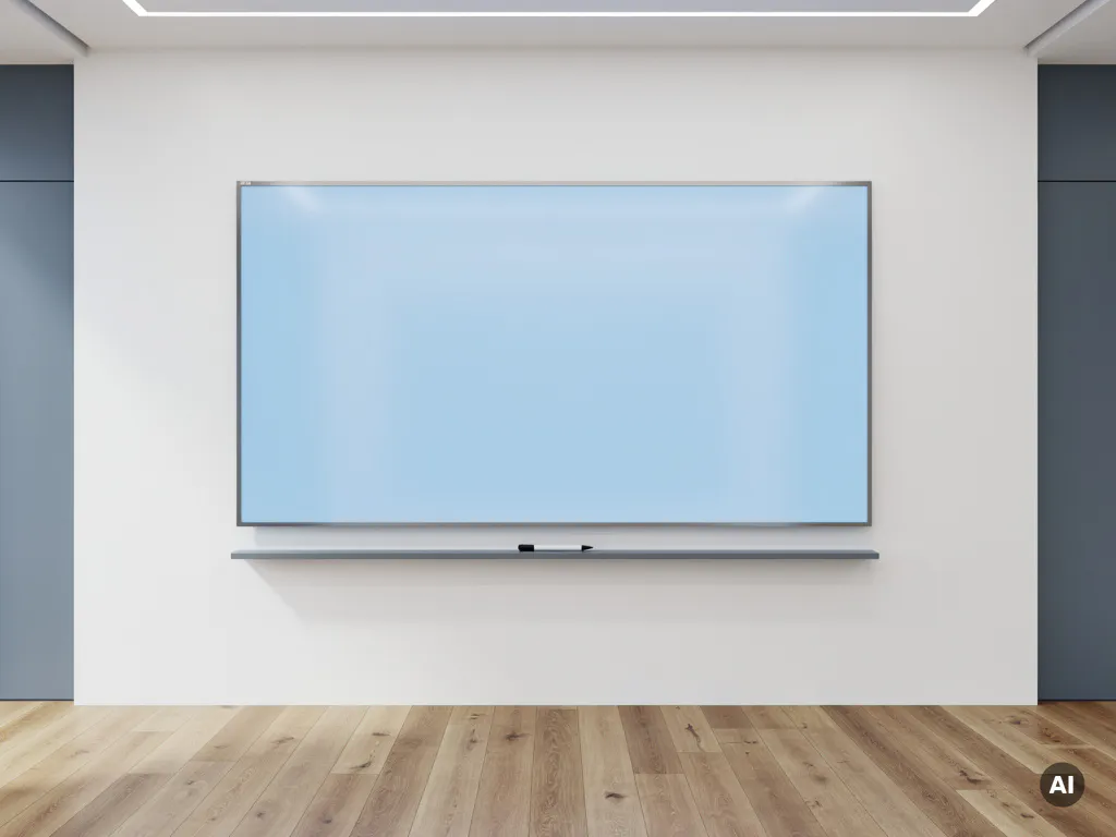 Groot 90-inch interactief touchscreen op witte muur in minimalistisch vergaderruimte, zacht blauw oplichtend scherm met marker op de richel.