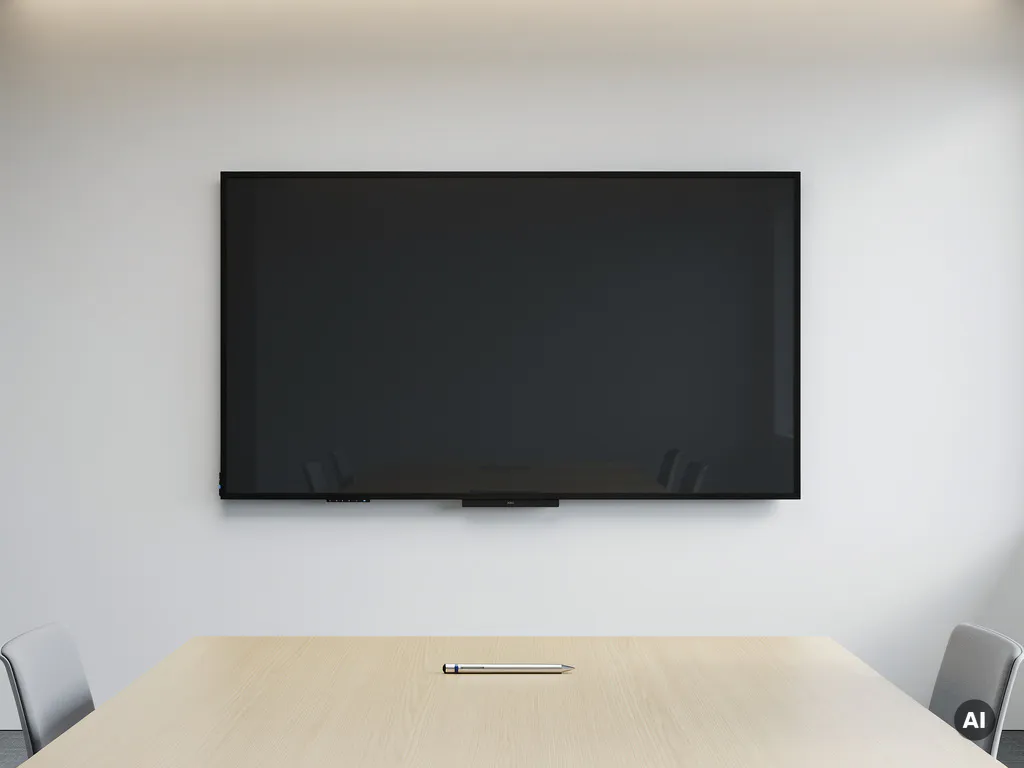 90-inch interactief touchscreen op witte muur in moderne vergaderruimte, met een stijlus op een licht eiken oppervlak.