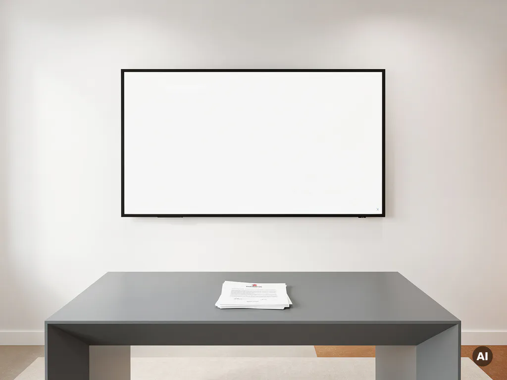 Groot interactief touchscreen van 90 inch aan witte muur in moderne vergaderruimte, met handgeschreven contract op bureau op voorgrond.