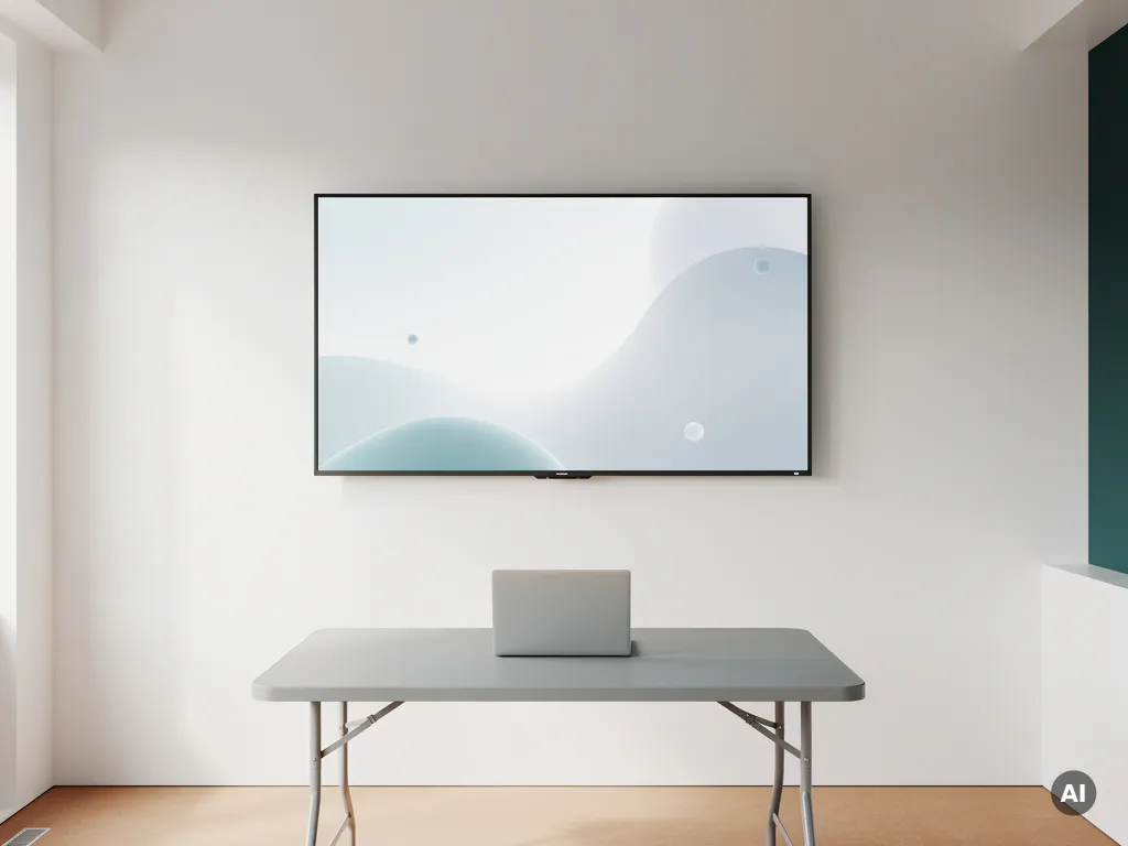 Groot interactief touchscreen van 90 inch aan witte muur in tijdelijk kantoor met klaptafel en laptop eronder.