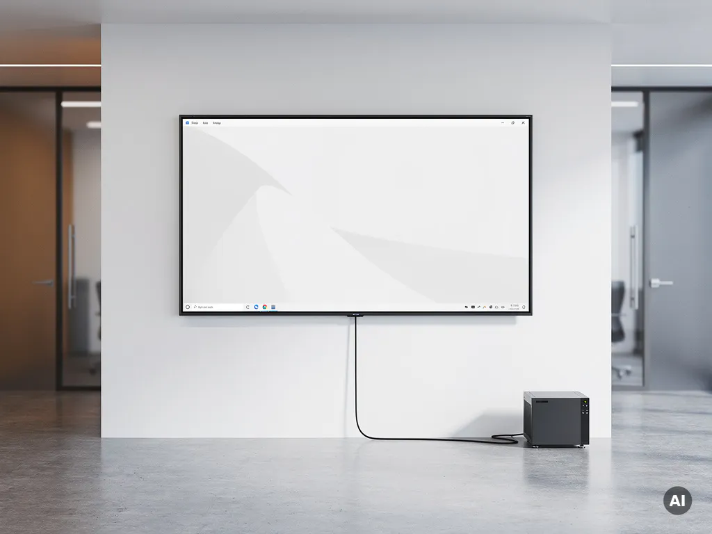 Groot interactief touchscreen van 90 inch aan witte muur, verbonden via kabel met compacte pc op betonnen vloer, vergaderzaal op achtergrond.