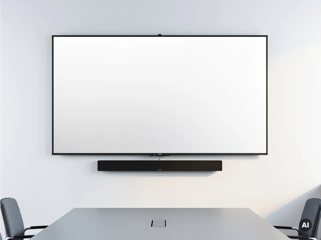 90-inch interactief touchscreen op witte muur in moderne vergaderruimte, met geïntegreerde soundbar en minimalistische inrichting.