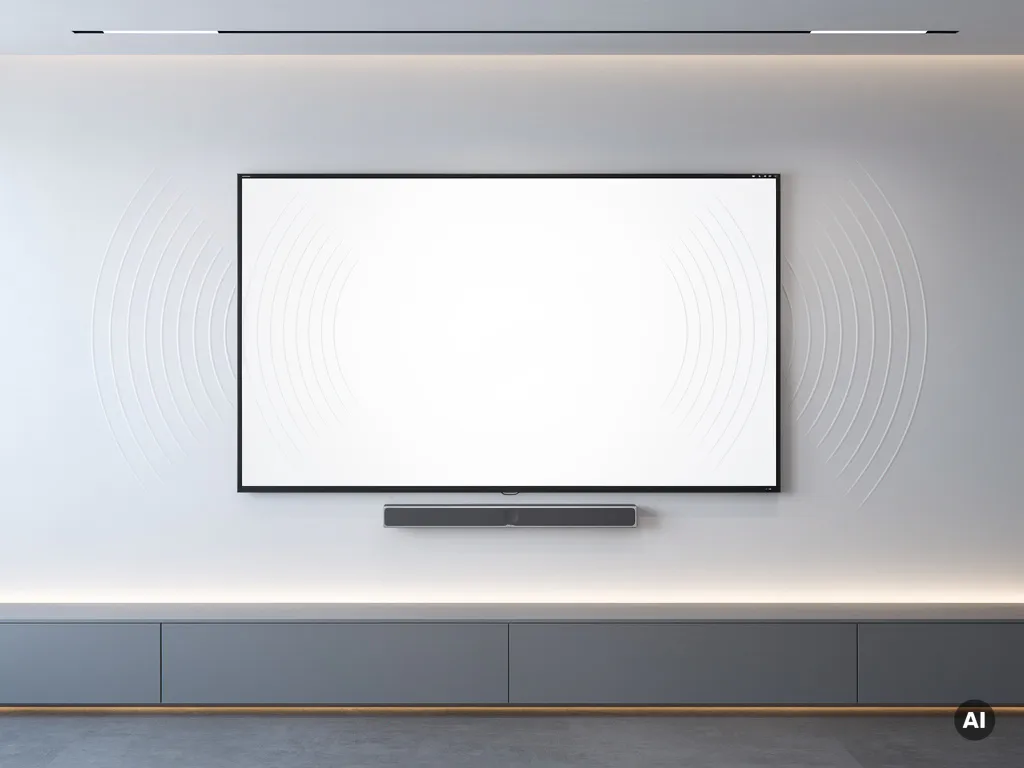 Groot interactief touchscreen van 90 inch aan witte muur in minimalistische vergaderruimte, met slanke soundbar en subtiele geluidsgolven.