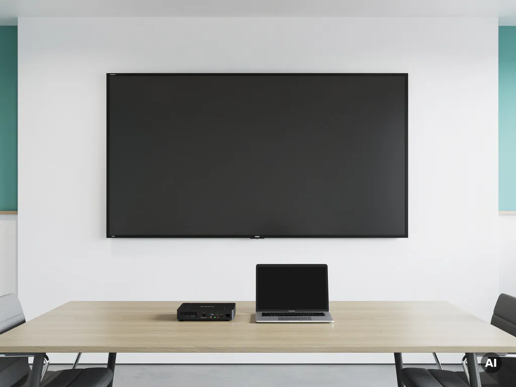 Groot 90-inch interactief touchscreen aan witte muur in moderne vergaderruimte, met mini-pc en laptop op lichthouten tafel eronder.