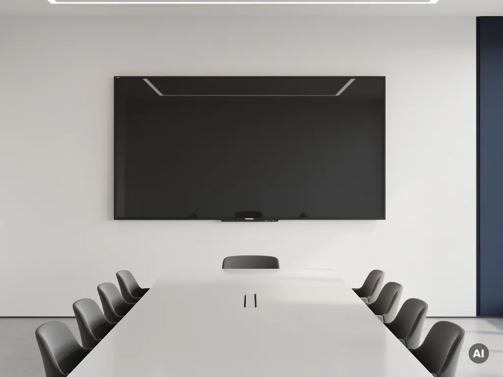 90-inch interactief touchscreen aan witte muur in minimalistisch vergaderruimte met strakke conferentietafel en zachte verlichting.