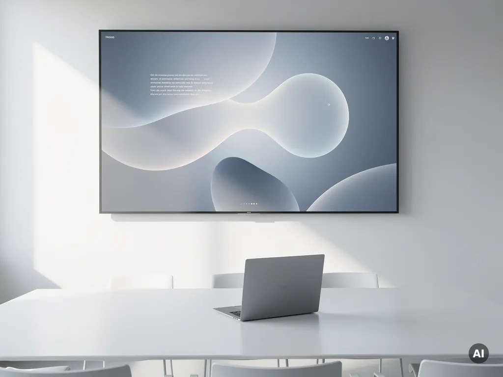 Groot interactief touchscreen van 90 inch aan witte muur in minimalistisch vergaderruimte, met open laptop op strakke witte tafel.