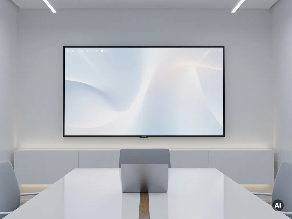 Groot interactief touchscreen van 90 inch aan witte muur in minimalistisch vergaderruimte met open laptop op strakke witte tafel.