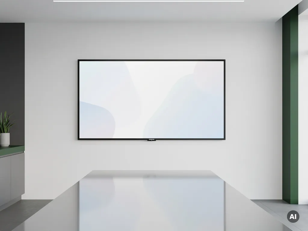 Groot 90-inch interactief touchscreen aan witte muur in minimalistisch vergaderruimte met strakke conferentietafel en zachte verlichting.