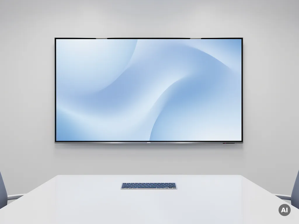 90-inch interactief touchscreen op witte muur in moderne vergaderruimte, draadloos toetsenbord op tafel, zachte blauwe gloed.