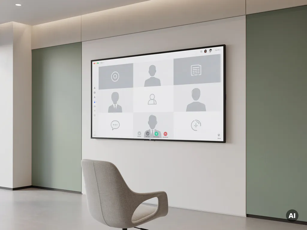 Groot 90-inch interactief touchscreen met videoconferentie-interface in een minimalistisch vergaderruimte met saliegroen en warmwit interieur.