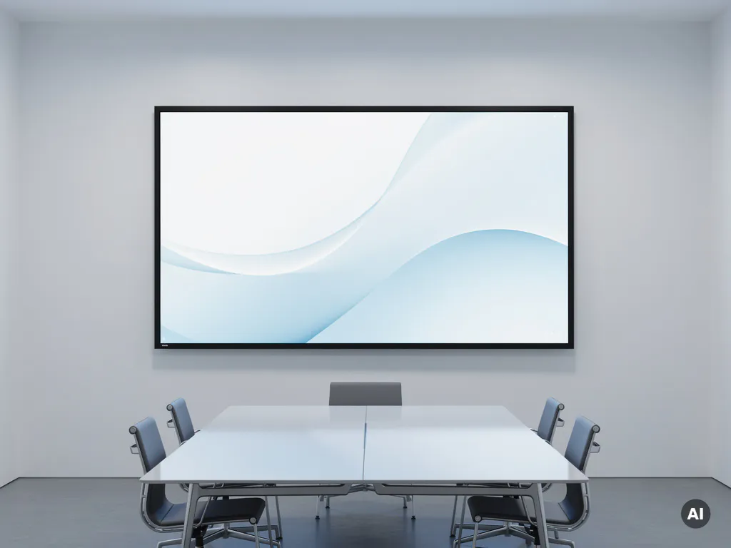 90-inch interactief touchscreen aan witte muur in minimalistisch vergaderruimte met conferentietafel en blauw-grijs kleurenpalet.