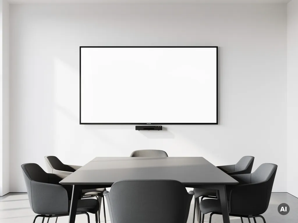 90-inch interactief touchscreen aan witte vergaderzaalwand met ingebouwde mini-pc, moderne vergadertafel op voorgrond.