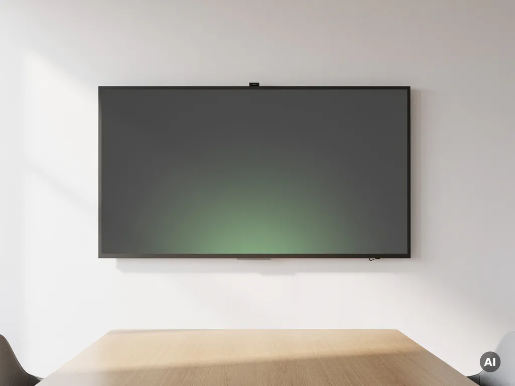 Groot 90-inch interactief touchscreen op witte muur in moderne vergaderruimte met houten tafelrand op de voorgrond.